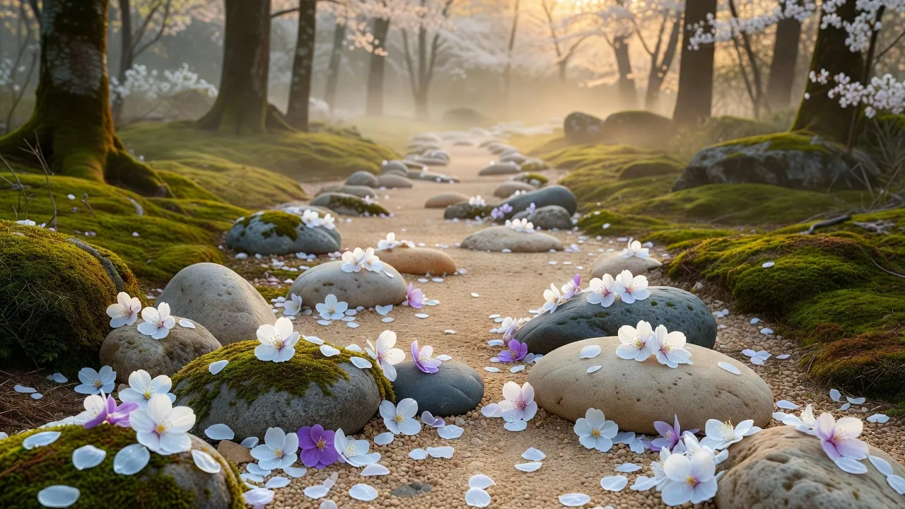 苔の石に散る桜の花びら