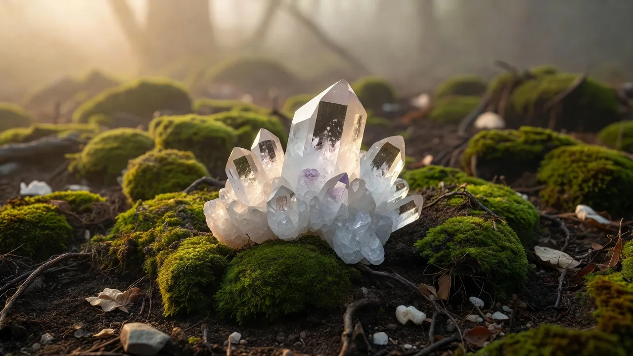 苔の林に咲く水晶群のクローズアップ