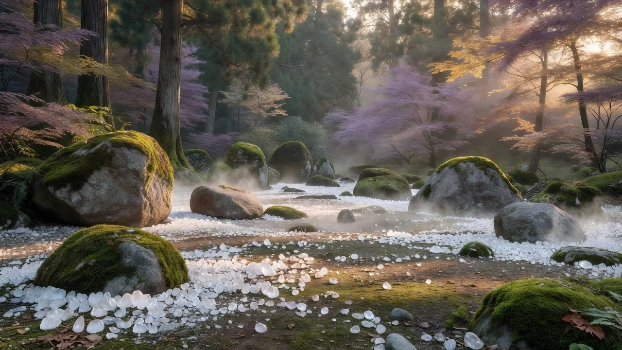 陽光がさす苔と水晶の森の広場